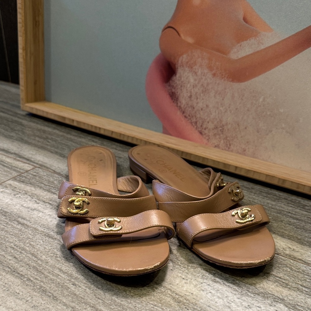 Chanel Women's Brown Slide Sandals with Gold Accents